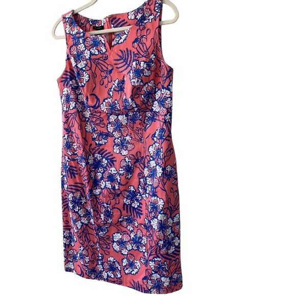 Talbots Coral Pink Blue Hibiscus Floral Print Shift Dress Size 10 Sleeveless - Picture 2 of 8
